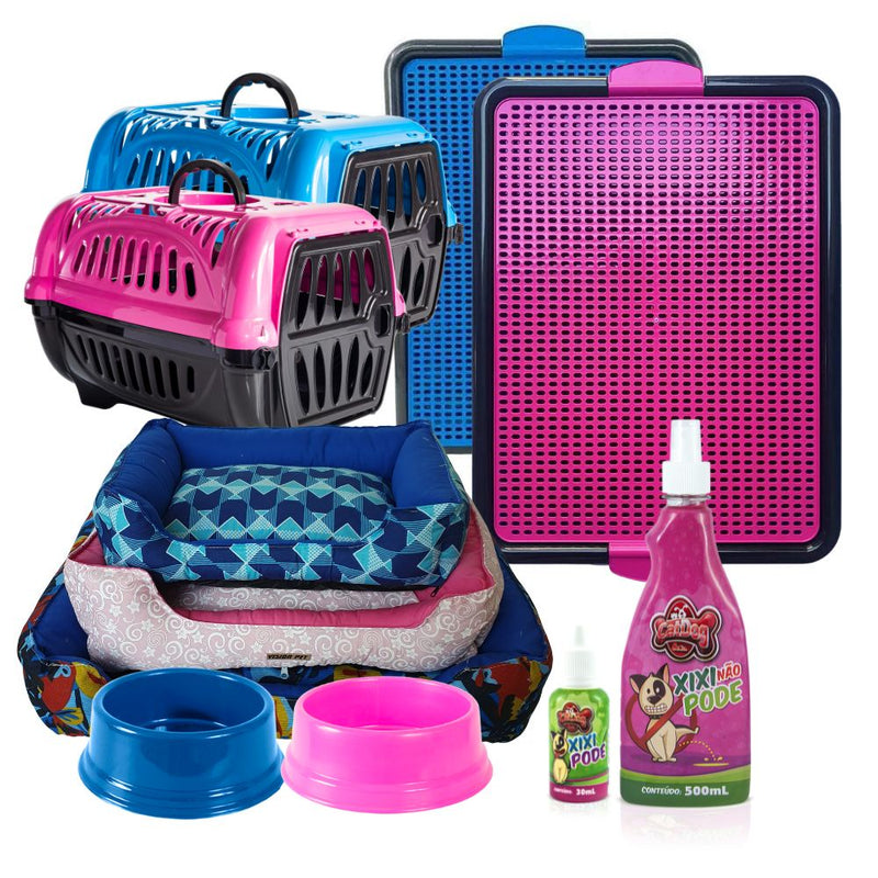 Kit confort Cachorro Completo - Transporte - Cama Pipi dog - Vasilha de Ração Femea e Macho P ao G